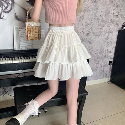 Girls White Puffy A-Line Mini Skirt Spring Summer Fresh Sweet Style Polyester Fabric Short Half-Length Baked Cake Skirt