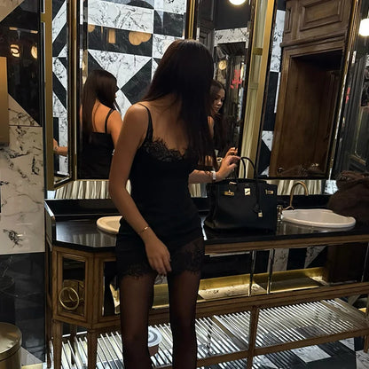 Solid Patchwork Lace Dresses For Women Fashion Sexy Straps Sleeveless V-Neck Sheath Sheer Mini Vestidos Robes Female Slim Fit