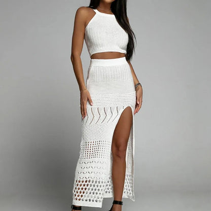 New Style Knitting Solid Color Tank Top Texture Slit Dress Ladies Beach Sunscreen Dress Suit Hollow Out Beachwear Cover Up
