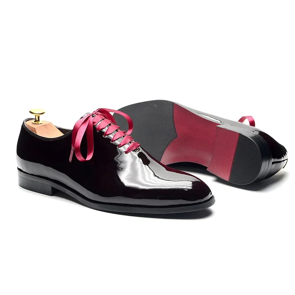 Luxury Men's Dress Shoes Burgundy Smooth Patent Leather Italian Whole Cut Plain Toe Oxford Lace-Up Wedding Party Formal Shoes