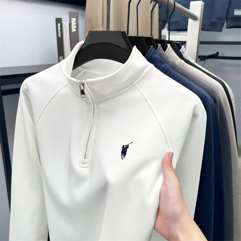 Half zip hoodie men's long sleeved t-shirt autumn plus size middle-aged and young embroidered pony logo collar polo shirt top