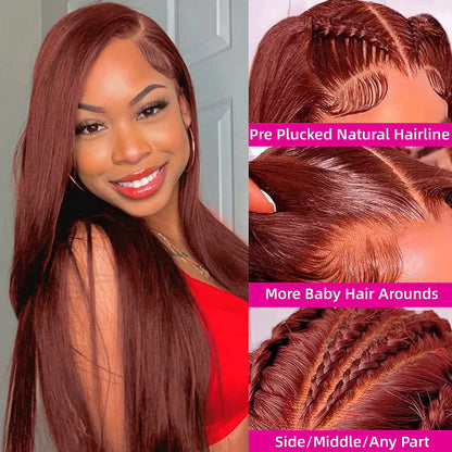 Reddish Brown Straight 13x4 HD Lace Front Human Hair Wigs Brazilian Remy Pre Plucked 30 inch Colored Lace Frontal Wig for Women