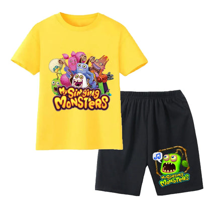 Summer Kids Cartoon Print Sport Clothing Suit Monsters Boys Casual Outfits Children Breathable T Shirt Pocket Shorts 2 Piece Set