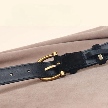 Fashion Women Belt Suede Genuine Leather Skinny Waistband Gold Buckle Wine Red Belts for Jeans Pants Casual