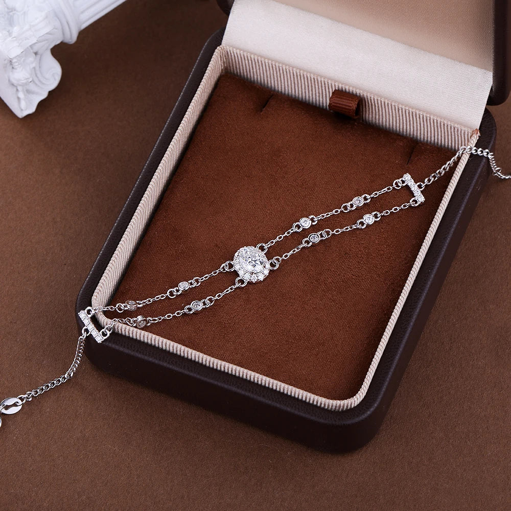 1carat Oval Cut Full Moissanite Diamond Charm Bracelet with Round Bubble S925 Silver Wrist Chain for Women Luxury Jewelry Gift
