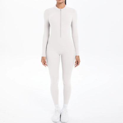 Solid Color Bodysuits for Woman's Backless Long Sleeved Zipper Yoga Jumpsuits High Dtrength Workout Sports Fitness Clothing Set