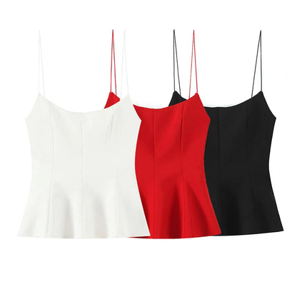 Women Fashion Solid Pleated Backless Side Zipper Tops Vintage Thin Straps Square Collar Female Chic Lady Camis