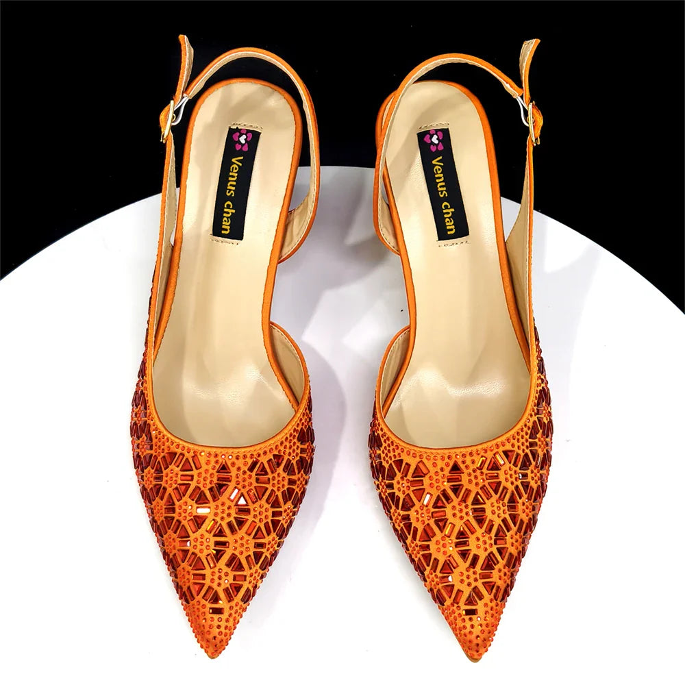 Elegant Champagne Color Pointed-Toe Italian Women's High-Heeled Shoe and Bag Set with Full Diamond Design for Parties