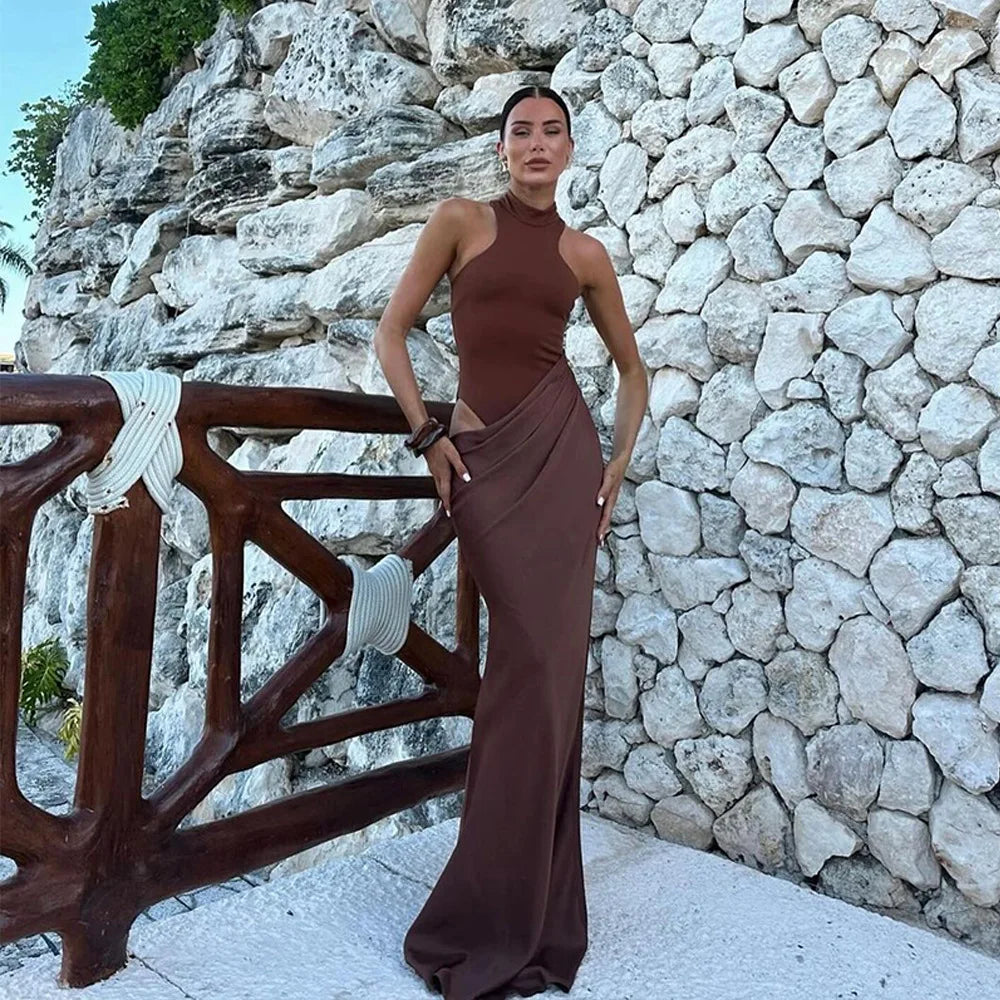 Satin Sexy Hollow Out Women Maxi Dress Black Sleeveless High Waist Dress Female Autumn Skinny Elegant Party Clubwear