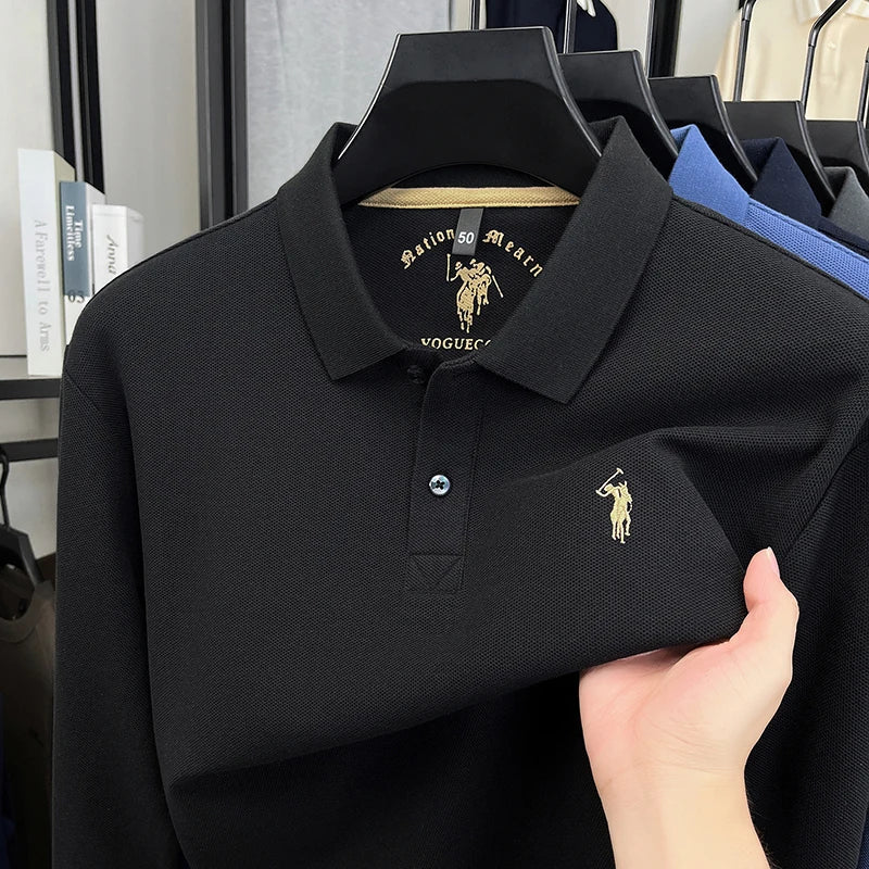 2025 New Cotton Long Sleeved T-shirt for Men, High End Embroidered Little Horse Logo Fashion Autumn/Winter Polo Top
