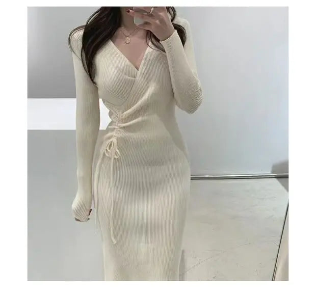 V-ne Knitted Wrap Waist Slimming Mid-length A-line Dr Women's Sweater Dr Korean Sle High Waist Long Sve