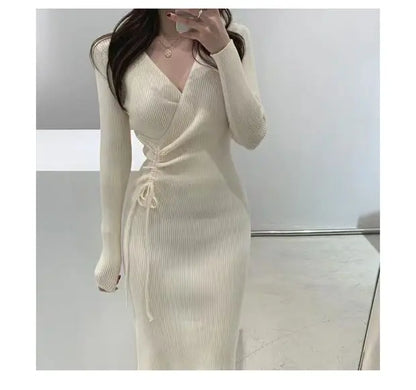 V-ne Knitted Wrap Waist Slimming Mid-length A-line Dr Women's Sweater Dr Korean Sle High Waist Long Sve