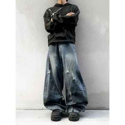 Autumn New Men's 98% Cotton Jeans American Y2k Streetwear Hole Patchwork Design Denim Pants Youth Straight Baggy Stretch Jeans