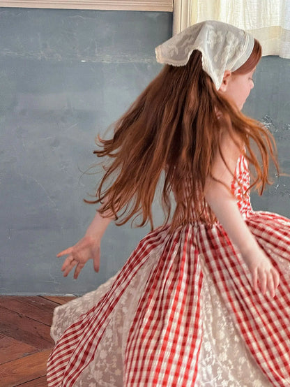 2025 Summer New Children Fairy Long Dress for Girls French Red Checkered Lace Splicing Lace Strap Dress