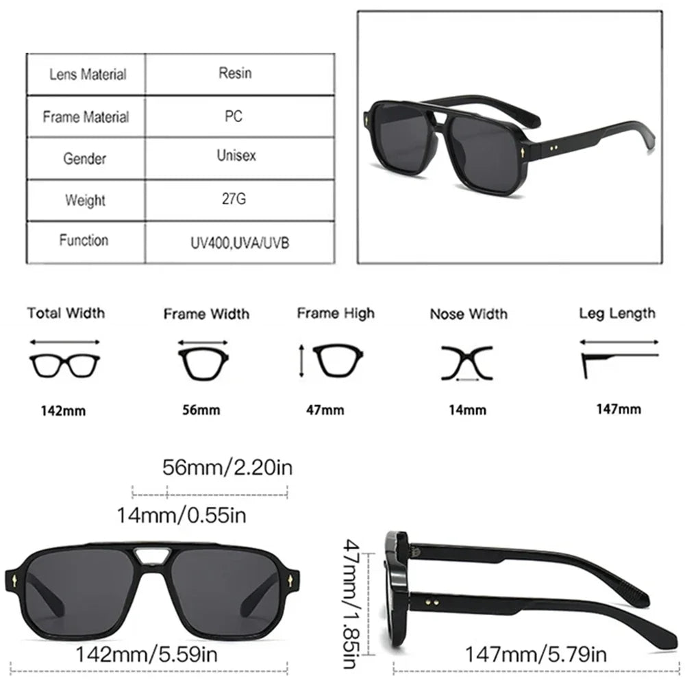 Vintage Double Bridges Men Square Sunglasses Fashion Green Ocean Lens UV400 Eyewear Women Trending Rivets Sun Glasses