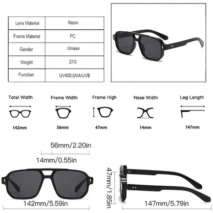 Vintage Double Bridges Men Square Sunglasses Fashion Green Ocean Lens UV400 Eyewear Women Trending Rivets Sun Glasses