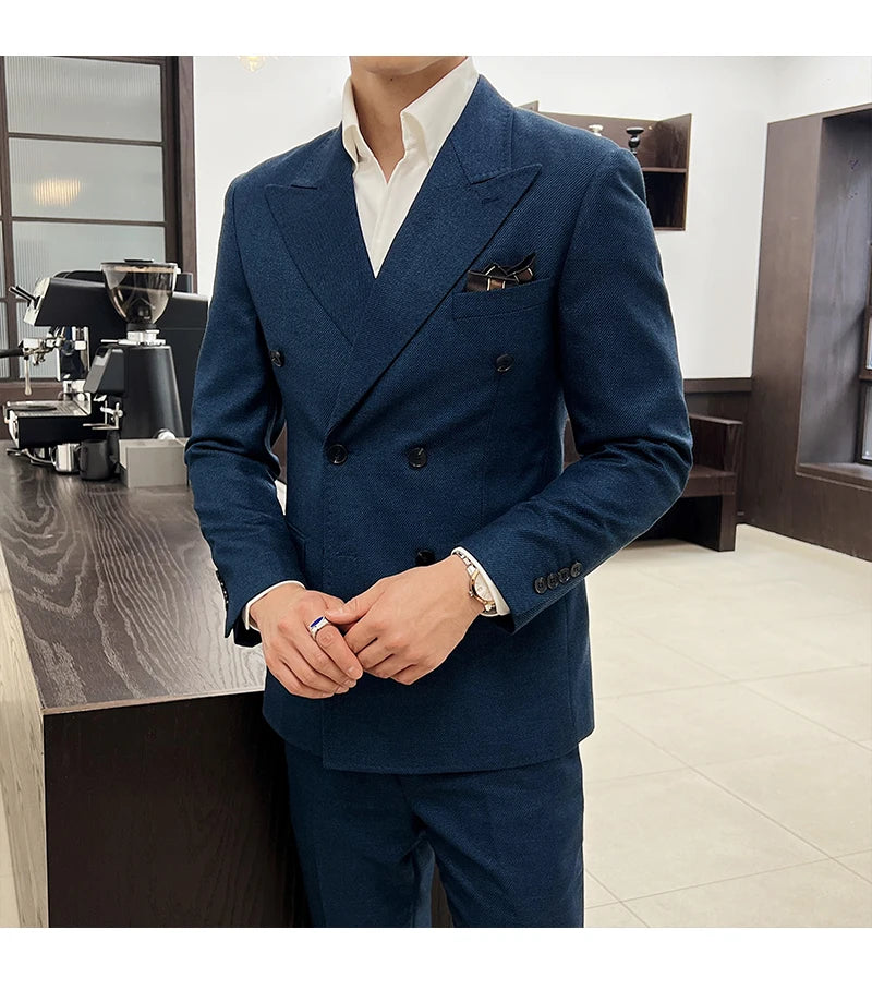Men Vintage Luxury Double Breasted Slim Fit Lapel Evening Gown ltalian Style Fashion High-end Groom Wedding Party Tuxedo 2 Piece
