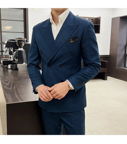 Men Vintage Luxury Double Breasted Slim Fit Lapel Evening Gown ltalian Style Fashion High-end Groom Wedding Party Tuxedo 2 Piece