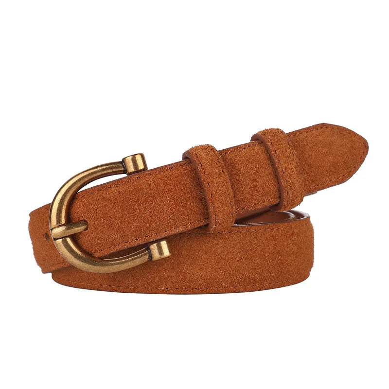 Fashion Women Belt Suede Genuine Leather Skinny Waistband Gold Buckle Wine Red Belts for Jeans Pants Casual