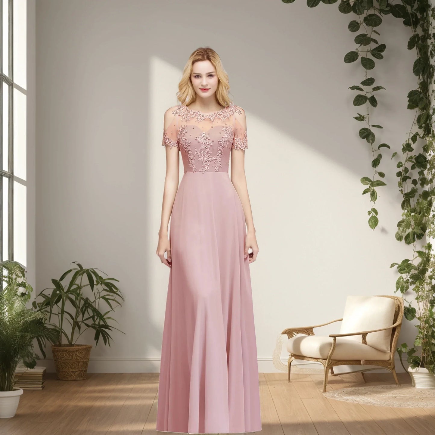 New Burgundy Evening Dresses Illusion Lace Appliques O-Neck Short Sleeve Prom Dress Sheer Back A-Line Long Formal Party Gowns