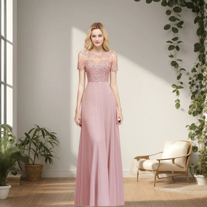 New Burgundy Evening Dresses Illusion Lace Appliques O-Neck Short Sleeve Prom Dress Sheer Back A-Line Long Formal Party Gowns
