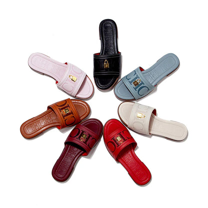 Fashion Monogram Print Elegant Design Women's Low Heeled Slippers Solid Color High Quality Metal Lock Simple Single Shoes