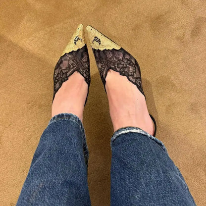 Fashion Lace Sequin Hollow Out Mesh Women Pumps Sexy Pointed Toe Designer Low Heels Slingback Sandals Ladies Shoes