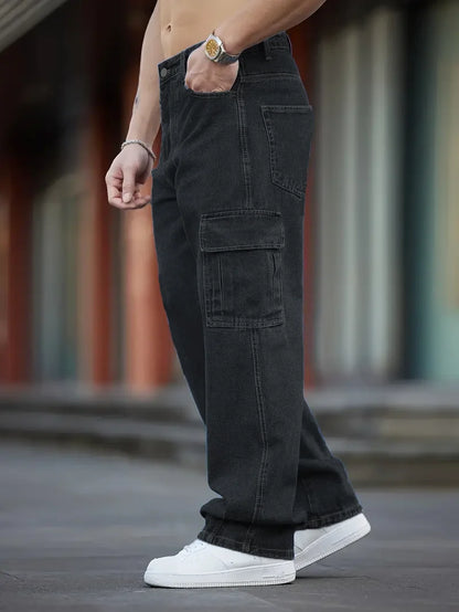 Men's Deep Blue Washed Denim Workwear Jeans Casual Multiple Pockets Design Loose Wide Leg Trousers Y2K Style Cargo Pants
