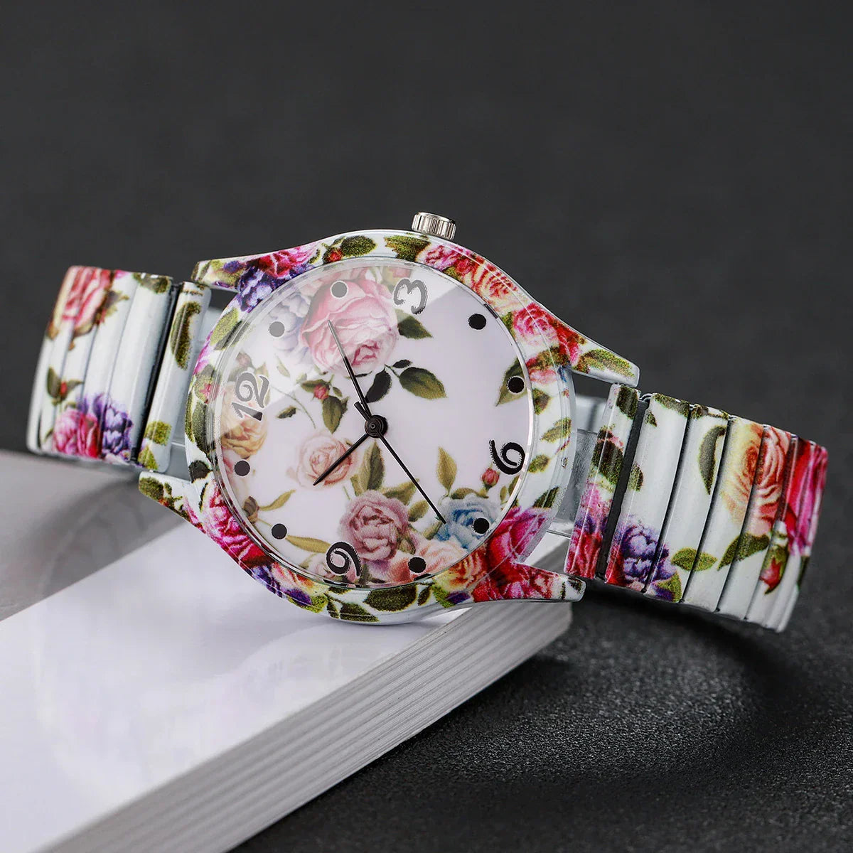 2/3PCS Fashion Flower Printed Women Quartz Wristwatches Set Ladies Casual Elastic Strap Arabic Dial Watch（Without Box）