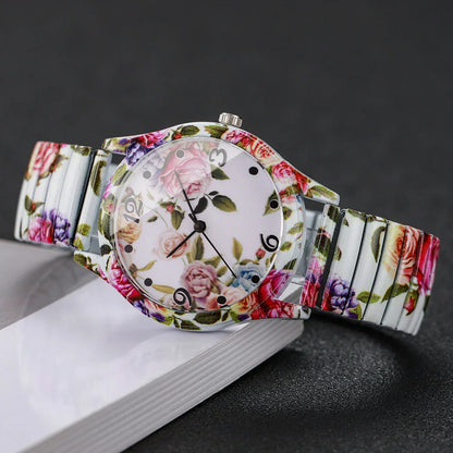 2/3PCS Fashion Flower Printed Women Quartz Wristwatches Set Ladies Casual Elastic Strap Arabic Dial Watch（Without Box）