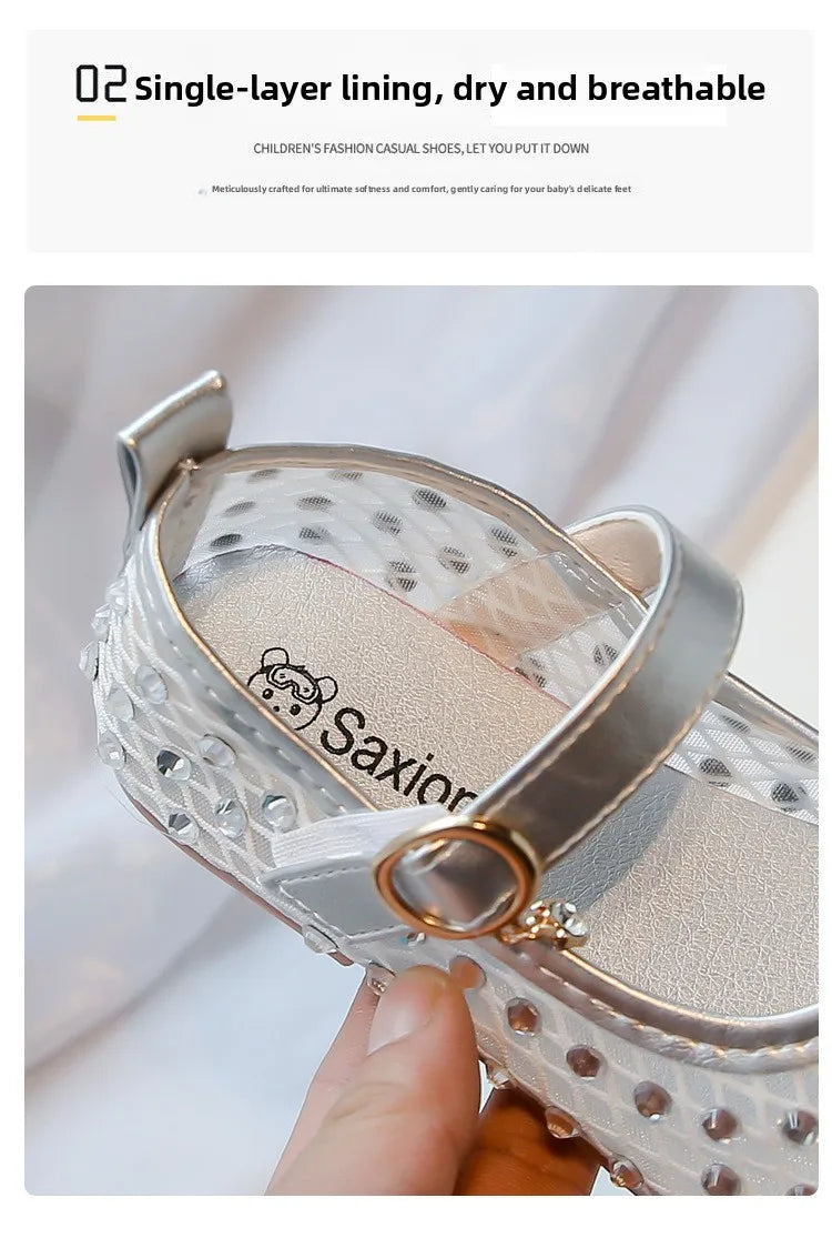 2026Summer Girl's Sandals Crystal Air Mesh Biege Sliver Luxury Kids Flat Shoes Beautiful Party Graceful Anti-skid Childern Shoes