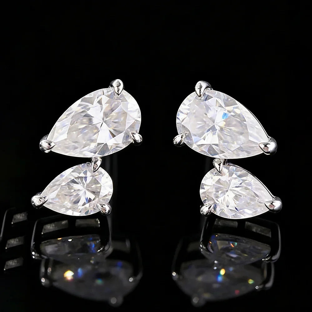 2-Stone Waterdrop Moissanite Stud Earrings for Women 925 Sterling Silver 3cttw Pear Cut Lab Diamond Ear Studs with Certificate
