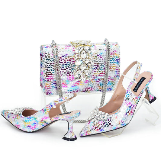 Women Nigerian Italian Shoes and Bags Set with Rhinestone Shoe and Bag Set for Nigeria Party Italy Crystal Butterfly-knot Shoes