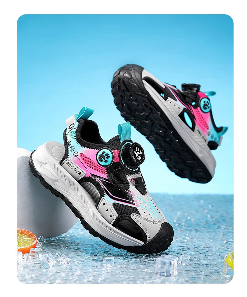 Kids Rotating Button Closed-Toe Sandals, Breathable Mesh Sport Shoes for Boys, Non-Slip Adjustable Summer Beach Sneakers