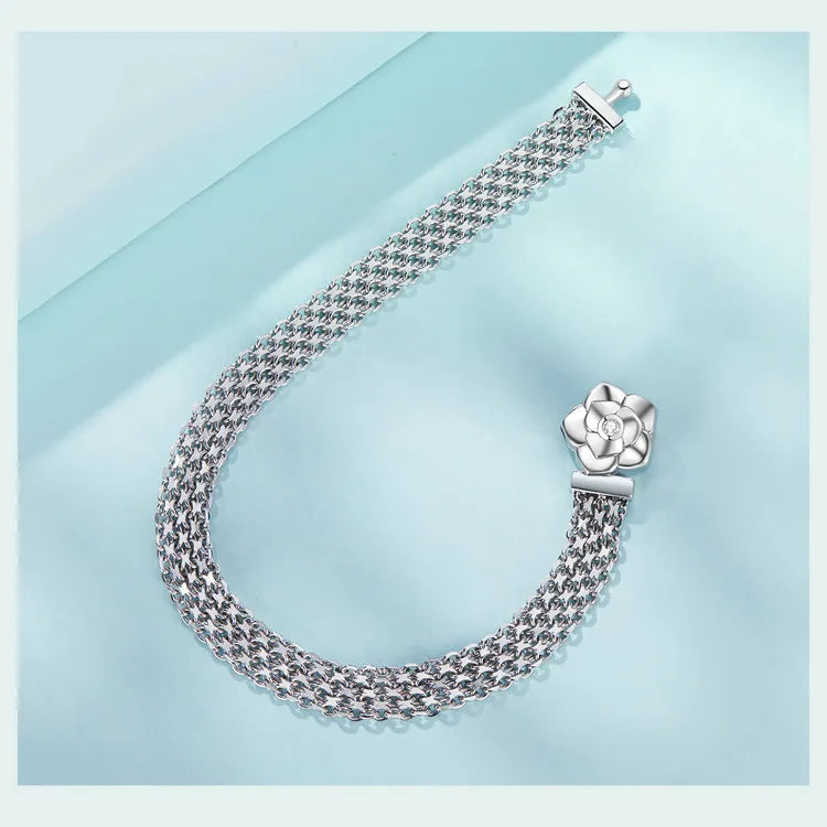 Original 925 Sterling Silver Rose Basic Bracelet Flat Chain Bangle Sparkling Zirconia Flower Charm for Women Birthday Gift