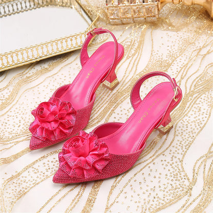 Elegant Fuchsia High-Heeled Women's Shoes with Water Diamond Accents - Stylish Pointed Toe Wedding and Party Pumps