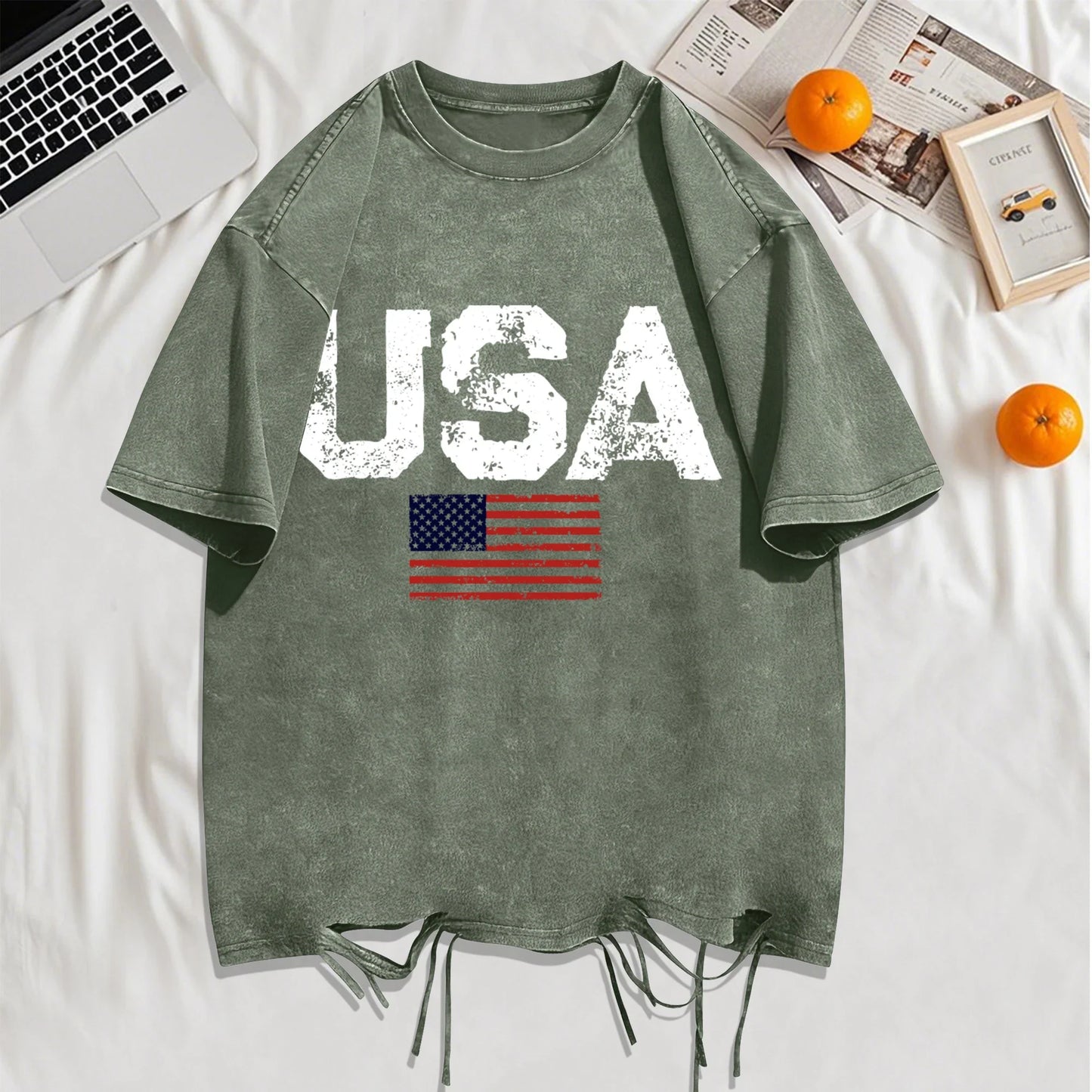 Usa Letter American Flag Printed Washed Holes T-Shirt Man Summer Cotton Loose Top O-Neck Creative Tee Unisex Vintage T Shirt