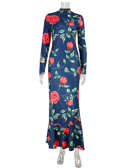 Flower Prints O Neck Women Dresses Sheath Trendy Fashion Elegant Evening Party Outfits Female Bodycon Long Sleeve Robes