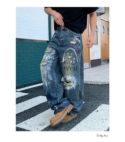 New street graffiti ripped painted jeans for men, straight-leg, loose, wide-leg, trendy brand, stylish high-end