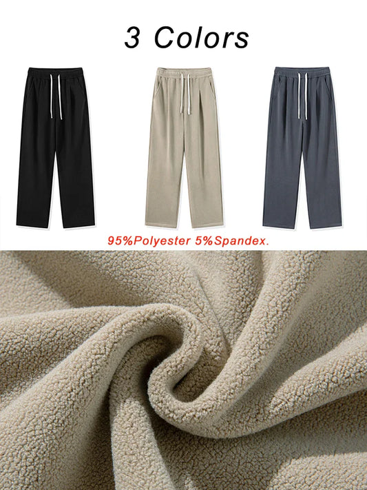 Winter Men's Sweatpants Korean Fashion Thick Warm Fleece Wide Leg Straight Loose Track Pants Male Casual Thermal Velvet Trousers
