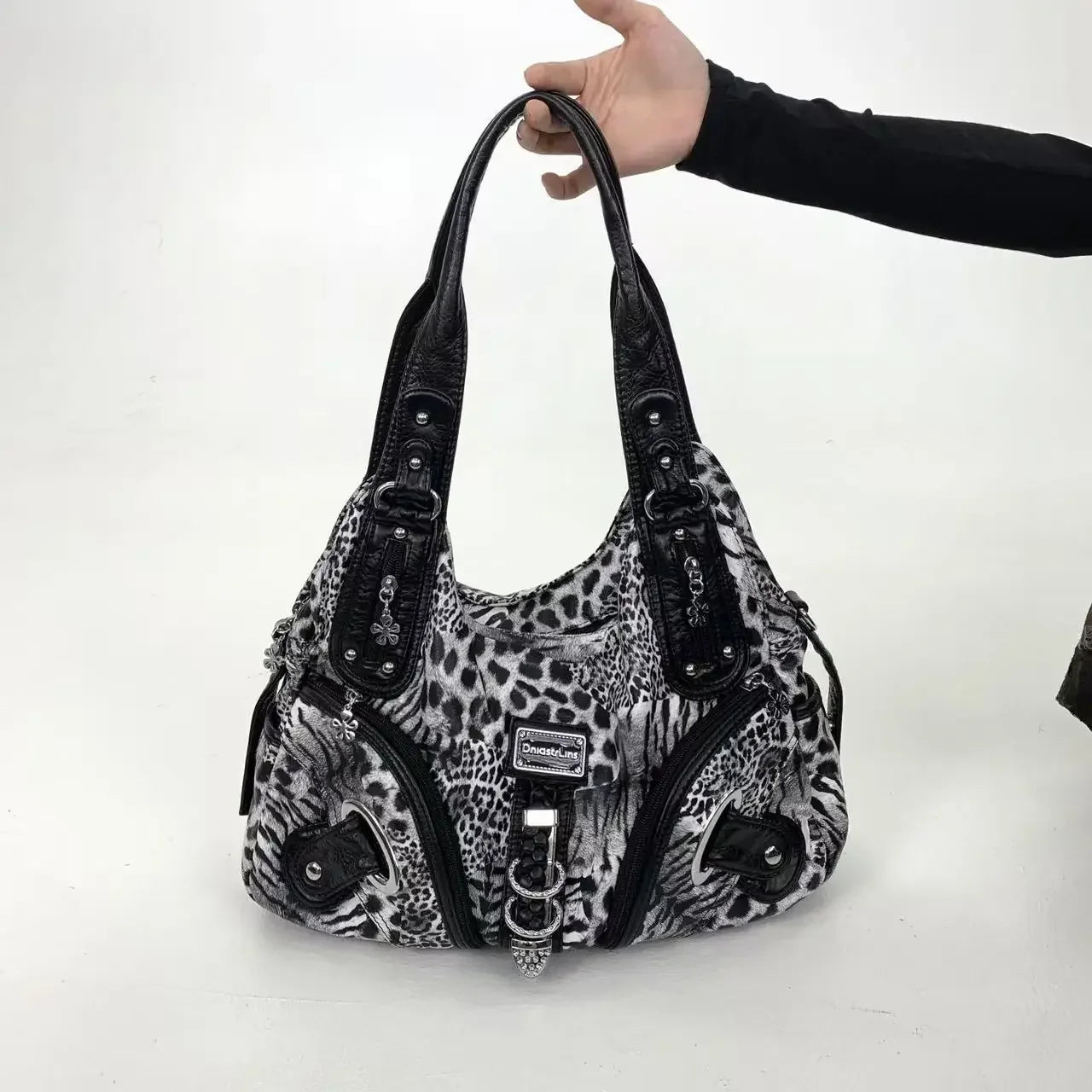 Y2K vintage hot girl personality leopard print shoulder bag with multiple compartments, Maillard crossbody handbag