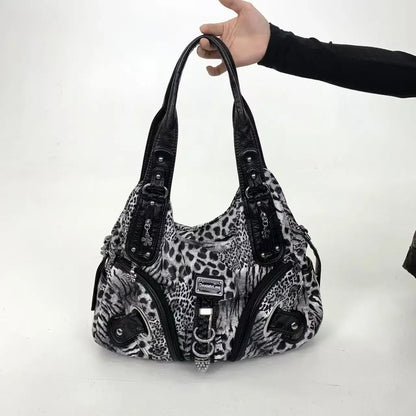 Y2K vintage hot girl personality leopard print shoulder bag with multiple compartments, Maillard crossbody handbag