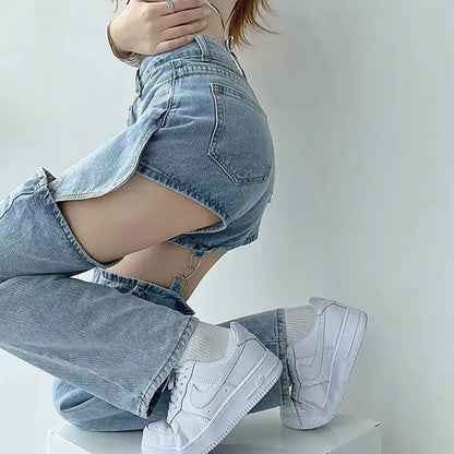 High Street Straight Fake Two Ripped Jeans