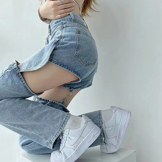 High Street Straight Fake Two Ripped Jeans