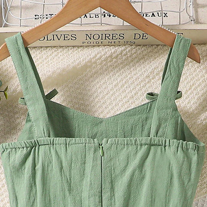 Summer Girl's Dress 8-12 Years Old Cute Bow-Embellished Slip Panel Uneven Hem Sweet Elegant Ladylike Fashion for Kids