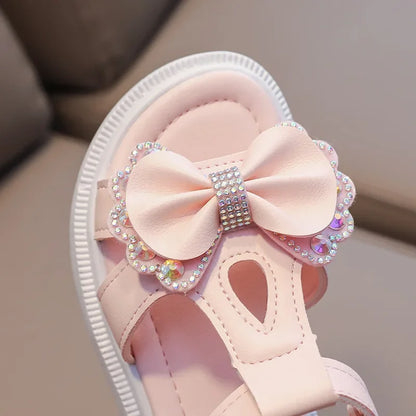 Girl Sandal Kid Summer Elegant Bling Rhinestone Party Princess Beach Shoes Cute Bowknot School Shoes for Kids Flat Heel F05201