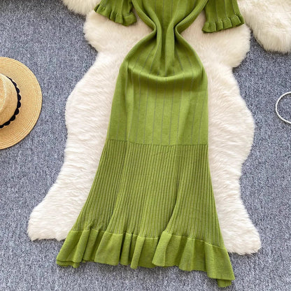 Fashion Vintage Knitted Long Dress Spring Summer Women Elegant V-neck Ruffled Bodycon Sweater Dress Party Vestido
