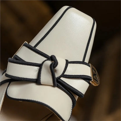 2025 French Style Genuine Leather Sandals Women Covered Toe Butterfly Knot Party Dating Sandals Office Ladies Pumps