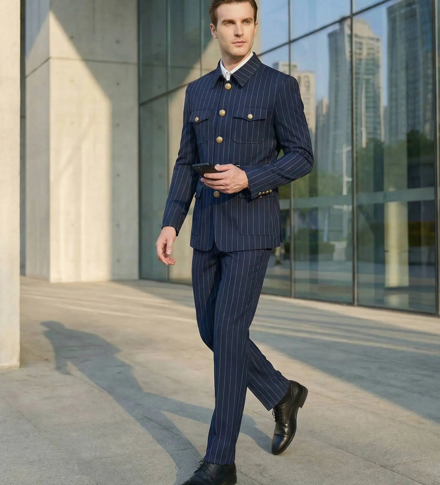 Elegant Dark Blue Striped Men's Suit Slim Fit Double-Breasted Jacket And Trouser Set Fashionable Collarless 2-Piece Suit