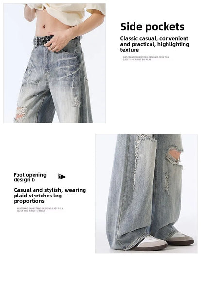 Male Ripped Pants Stretch Solid Blue Casual Men's Wide Leg Trousers Office Work Denim Pants Autumn Korean Vintage Straight Pants